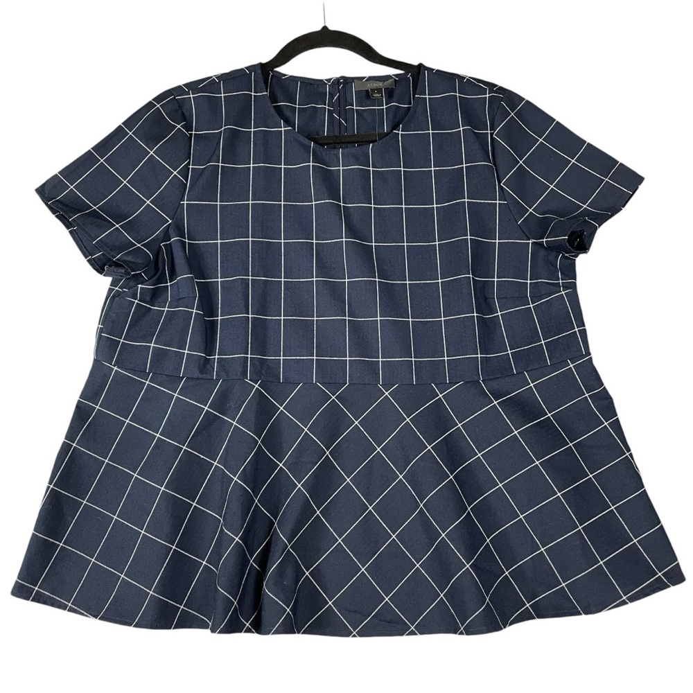 J. Crew Navy Babydoll Windowpane Pattern Peplum Top - Sz L